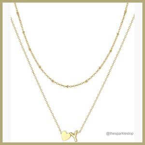 14K Gold Plated Layered Initial Necklace with Heart Pendant